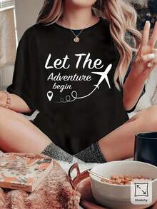 Women's Short-Sleeved Graphic T-Shirt, Slim Fit, With Airplane And Heart Print, Adventure Design, Black And White Travel Theme, Round Neck, Medium Elasticity T-Shirt, Suitable For Vacation, Fitness And Casual Wear, Machine Washable, Casual Wear For Summer And Autumn Seasons, Cotton T-Shirt. - 黑色 - 查看 8