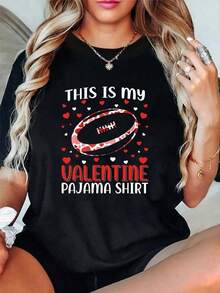 Women's Cotton Rugby Print Valentine's Day T-Shirt, Crew Neck, Short Sleeve, Casual Summer Blouse - 黑色 - 查看 7