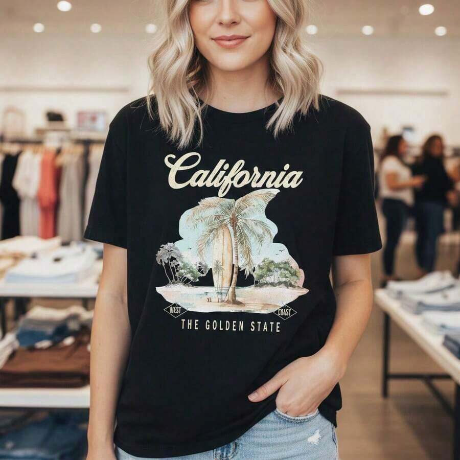 ropa casual Camiseta de algodón con estampado gráfico de California para mujer, camiseta casual de manga corta con cuello redondo, diseño vintage de palmeras y tablas de surf de la oeste, tallas S-5XL, top suave y cómodo para uso diario, blusas bohemias para mujer>camisa - Negro - Ver 1