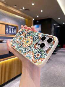 1pc Fashionable Rhombus Flower Middle Eastern Pattern Beige Leather Texture Shockproof Phone Case Suitable For Samsung/Mi/Transsion - Beige - View 5