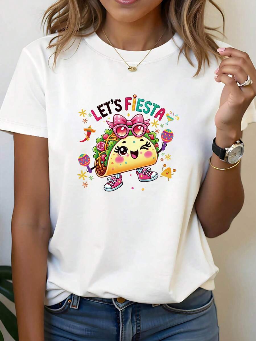 Women's Short-Sleeve Crew Neck T-Shirt With Vibrant LET'S For The Cinco De Mayo Mexican Carnival Taco Print, Perfect For Casual Outings, Festival Gifts, Gatherings, Music Parties, And Holiday Outfits - 白色 - 查看 1