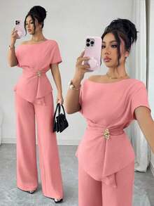 onjunto de primavera/verano para mujer con pantalón ancho de una sola manga con hebilla metálica en la cintura, adecuado para uso diario, bodas, galas, ir al trabajo, fiestas de graduación, vacaciones, citas, fiestas, Halloween, Navida - Rosa - Ver 8
