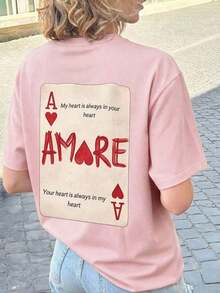 1 Women's Summer T-Shirt, Loose Fit, Round Neck, Short Sleeve, With A "Queen Of Hearts" Print In Wine Red. Suitable For The Office, Going Out, Everyday Wear, Dates, Parties, Meetings, And Casual Street Style In Pink. - 糖果粉 2 - 查看 5