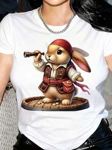 New Arrivals For Summer. Soft And Comfortable Women's Casual T-Shirt - Easter Pirate Bunny Graphic Design, Black, Short Sleeve, Crew Neck, Machine Washable, Regular Fit For Spring, Summer, And Year-Round Wear. Blouse, Shirt > Beautiful. - 白色 - 查看 10