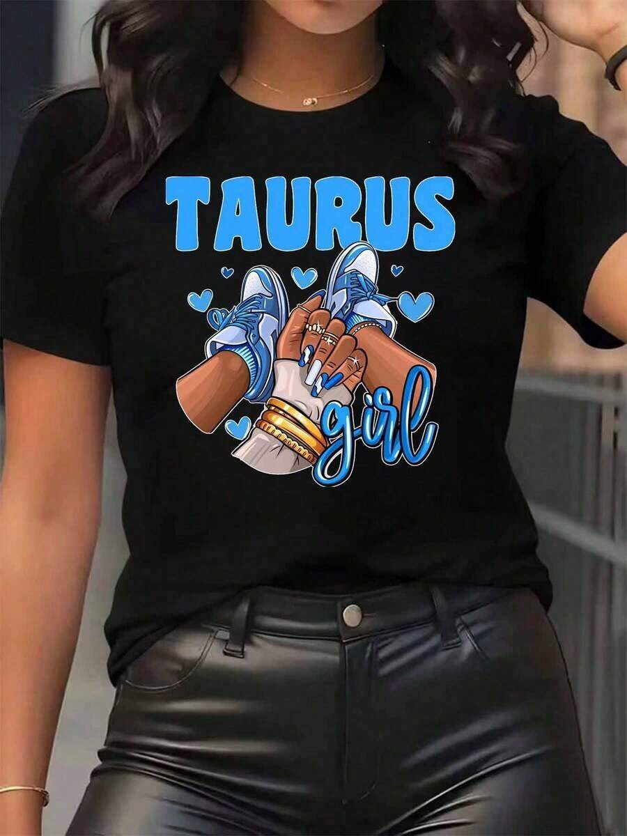 New Arrivals For Summer. Women's T-Shirt With A Taurus Girl Print Featuring Blue Sneakers And Hearts, Round Neck, Casual Everyday Wear, Soft And Comfortable, Zodiac Theme, Perfect Birthday Gift For Her. Blouse, Shirt > Beautiful. - 黑色 - 查看 1