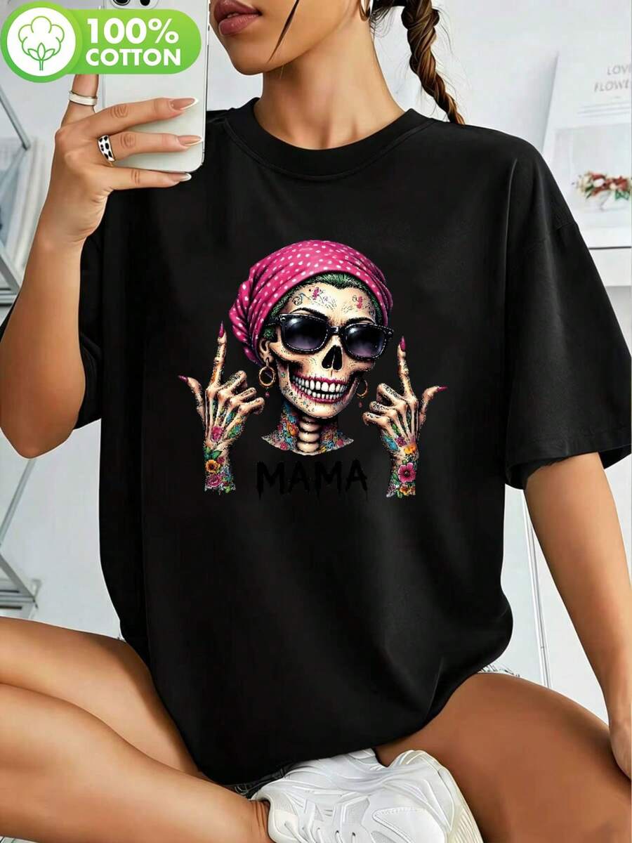 Women's T-Shirt - Oversized Short Sleeve T-Shirt With Gothic Mexican Skull Print And "Mom", Round Neck, Loose Casual Style, Suitable For Day Of The Dead Party Outfits, Mexican Themed Blouse For Spring, Summer And Autumn. - 黑色 - 查看 1