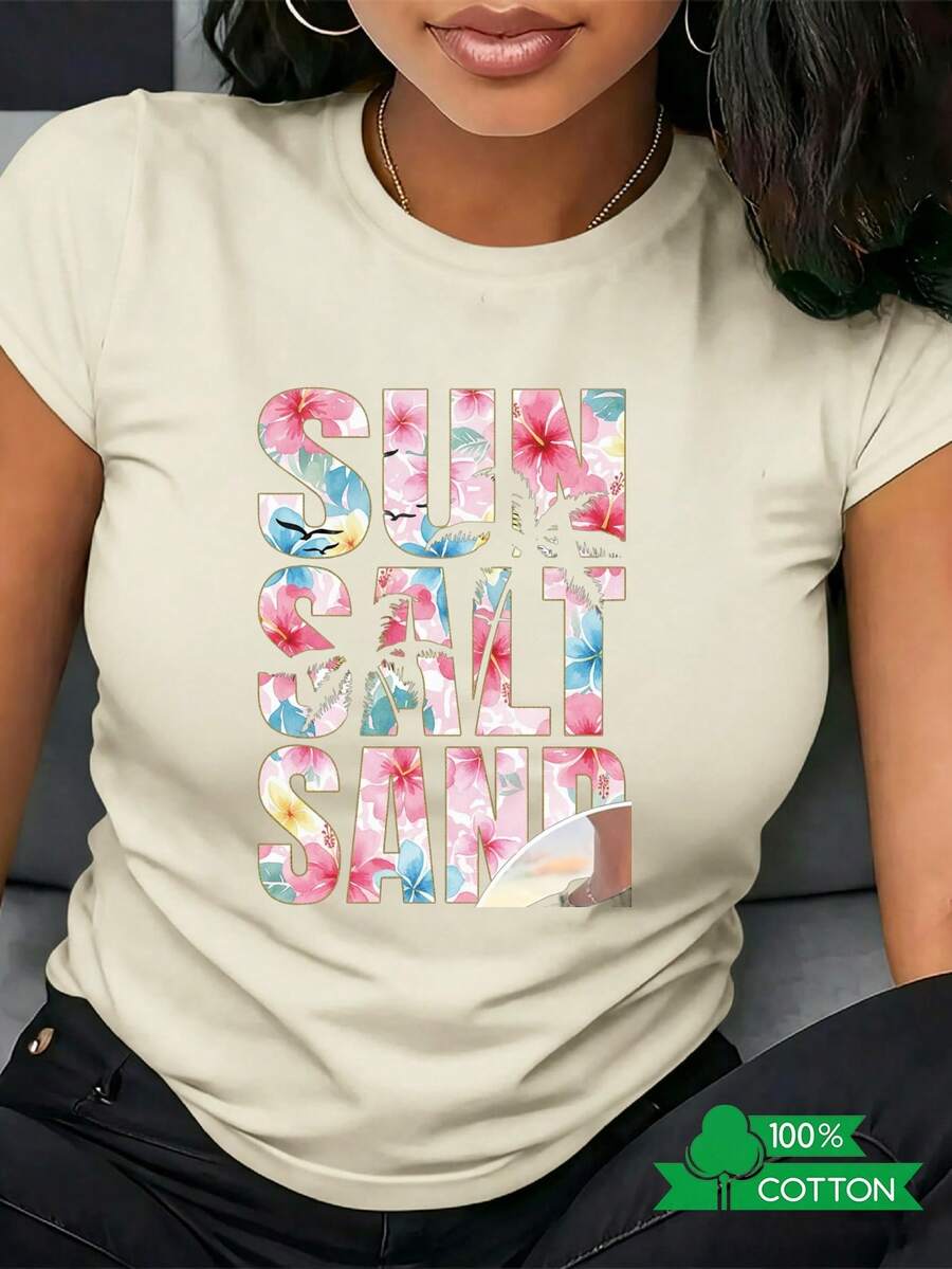 Women's Crew Neck T-Shirt With Anime Letter Print, Simple Design, Comfortable And Breathable, Suitable For Casual And Versatile Daily Wear, Showcasing A Cool Summer Style, Essential For Parties, Local Shipping Letter SUN Letter SALT - 杏色 - 查看 1