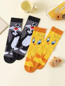 Noctvar OBM Sleepwear X LOONEY TUNES 2 pares de calcetines de media caña para hombre con estampado de gato y hermano, diseño de dibujos animados de Looney Tunes, calcetines deportivos casuales y versátiles de verano, resistentes al olor y absorbentes de sudor, con estampado de conejo loco, adecuados para estudiantes/adultos como regalo y uso diario, estilo de pareja - Multicolor - Ver 6