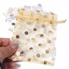 Bộ 10 túi vải organza chấm tròn, túi đựng trang sức thời trang tối giản với lớp phủ vàng/bạc, kích thước 9x12cm, túi dây rút dùng để đóng gói quà tặng. - Túi vải tuyn chấm bi tuyết - Xem 3