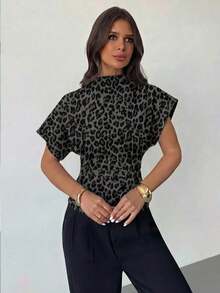 Blusa ajustada de estampado animal minimalista y casual con cuello fruncido, manga asimétrica y cintura fruncida, para mujer, para todas las estaciones - Multicolor - Ver 4
