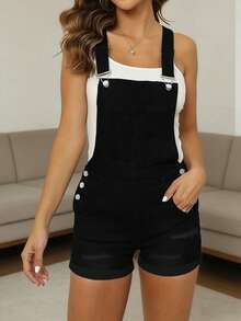 Women's Denim Short Overalls, Stretchy Distressed Ripped Overall Shorts With Buttons & Pockets, Sexy Casual Summer Rompers - màu đen - Xem 1