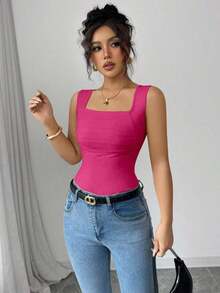 Camiseta sin mangas ajustada de cuello redondo con pliegues en color liso elegante y casual para mujer - Rosa Fucsia - Ver 5