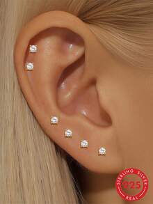 6pcs 925 Sterling Silver Claw-Set Flat Stud Earrings, Luxury Earrings For Women, Suitable For Daily Wear And Bridal Jewelry - Gold - View 3