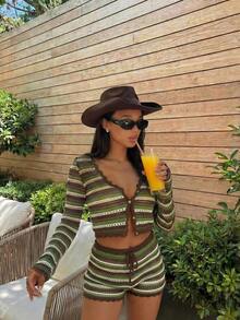 2 piezas Conjunto de top corto y shorts de mujer para verano con bloques de color, rayas y diseño calado. Estilo de vacaciones en la playa, top corto elegante y conjunto de shorts ligeros adecuado para primavera/verano, fiesta en la playa, vacaciones, estilo bohemio, sexy - Multicolor 3 - Ver 10