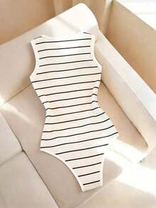 Mono de lunares acanalado sexy estilo Y2K, top ajustado sin mangas de cuello en U, mono acanalado de lunares estilo retro americano - Blanco 3 - Ver 2