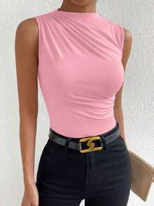Camiseta sin mangas de corte slim con pliegues de unicolor minimalista para uso diario en verano para mujeres - Rosa - Ver 7