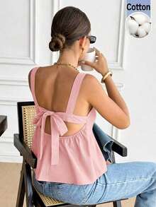 Camiseta de tirantes de algodón de unicolor casual para mujer - Rosa - Ver 7