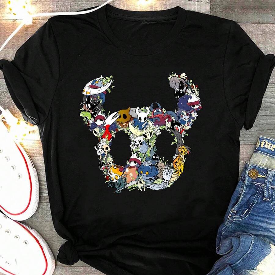 Camiseta Silks1ong con máscara de Hollow Knight, personajes de Hornet Hollowknight, camiseta de juego, regalo de juego de rol Silk s1ong, top casual unisex Midvania T1EE de 220 g de algodón grueso, textura suave y tacto agradable, cómodo y respetuoso con la piel. El estilo clásico y sencillo nunca pasa de moda, ideal para ir al trabajo, practicar deporte, viajar, vacaciones y cualquier ocasión informal. - Negro - Ver 1