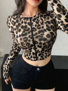 Chaqueta corta casual de verano de unicolor, de cuello redondo, de manga larga y con abertura frontal, ajustada para mujer - Marrón 6 - Ver 6