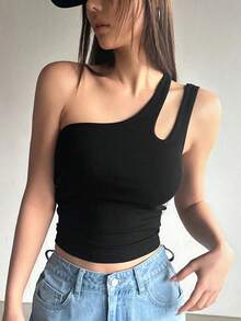 Top de un hombro con diseño hueco y ajuste ceñido para mujer, tops cortos para salir de mujer - Negro - Ver 8
