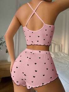 pijama / Pijama con estampado de corazón, ribete contrastante y lazo delantero - Rosa 3 - Ver 2