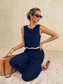 Conjunto de 2 piezas de top de tirantes y pantalones de moda casual de vacaciones para mujer - Azul marino - Ver 6