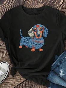 Women's Short-Sleeved T-Shirt With Puppy And Sausage Print, Breathable Fabric, Casual Style, New Women's Clothing. - 黑色 - 查看 2