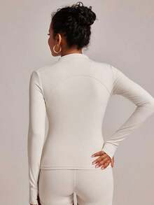 Chaqueta de manga larga para mujer con agujeros para el pulgar, 2 bolsillos, parte superior deportiva para correr y hacer ejercicio, color negro, primavera - Blanco Crema - Ver 2