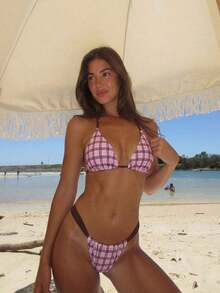 Swim Mod Conjunto de bikini de dos piezas con estampado de frutas y verduras en todo el diseño, con escote halter y lazos, para vacaciones de verano - Multicolor 4 - Ver 7