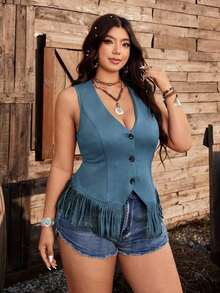 Chaleco con flecos de cuello en V, estilo minimalista y elegante casual del campo estadounidense, color caqui/café, talla grande para mujer - Azul - Ver 6