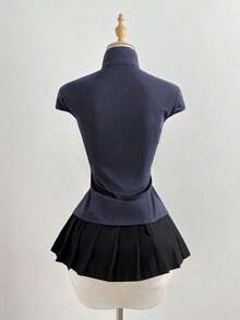 Camisa ajustada de manga corta con cuello mao de algodón negro, nuevo estilo chino retro elegante y versátil para ir a la oficina o al campus - Azul marino - Ver 2