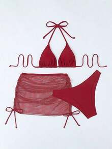 Swim Mod Set de 2 piezas de traje de baño de unicolor para mujer para vacaciones de verano - Burdeos - Ver 4