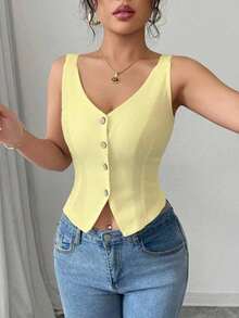2025 nueva moda primavera y verano, top de tirantes de ajuste ceñido con escote en V casual - Amarillo - Ver 5