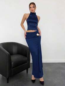 Top de satén sin espalda con cuello alto para mujer, ideal para fiestas - Azul marino - Ver 3