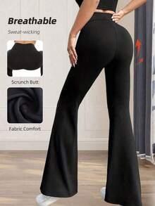 Pantalones acampanados de cintura alta de unicolor casual y deportivo para primavera - Negro - Ver 5