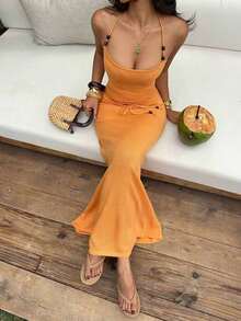 Conjunto de 2 piezas de top de tirantes vintage amarillo sexy y falda larga de punto de talle bajo, moda de playa de verano para mujer - Amarillo - Ver 8