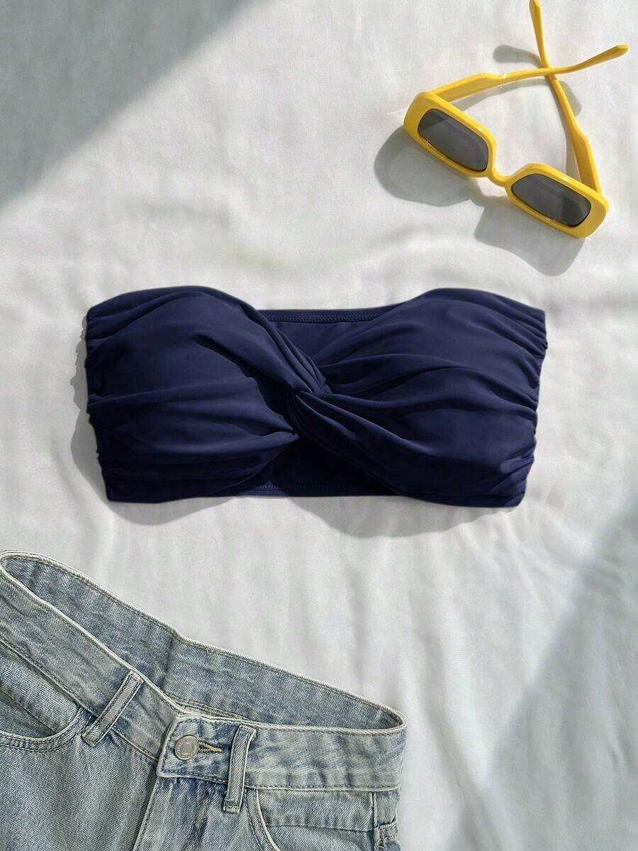 Top de bikini bandeau de un solo color con efecto retorcido - Azul marino - Ver 1