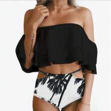 Bikini con estampado de hojas para mujer, traje de baño con sujetador con borde de volantes, push-up, ropa de playa, conjuntos de bikini de cintura alta - Negro - Ver 1