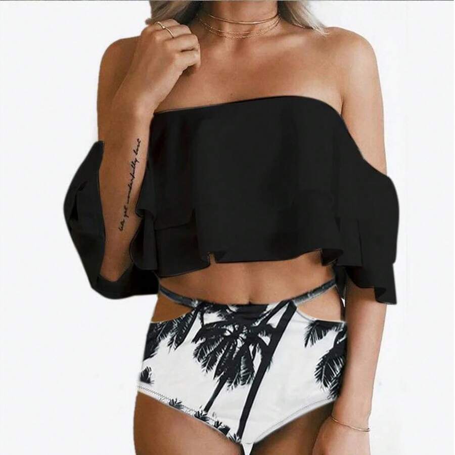 Bikini con estampado de hojas para mujer, traje de baño con sujetador con borde de volantes, push-up, ropa de playa, conjuntos de bikini de cintura alta - Negro - Ver 1