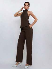 Conjunto de top halter y pantalones de color café claro, estilo sencillo para ir al trabajo - Marrón - Ver 6