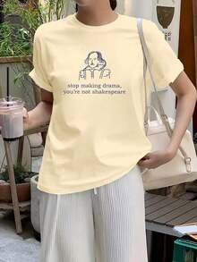 Women's T-Shirt With Funny Quote 2025 - "Stop Making Drama, You're Not" Graphic Tee, Casual Outdoor Wear, Black Summer - 卡其色 - 查看 3