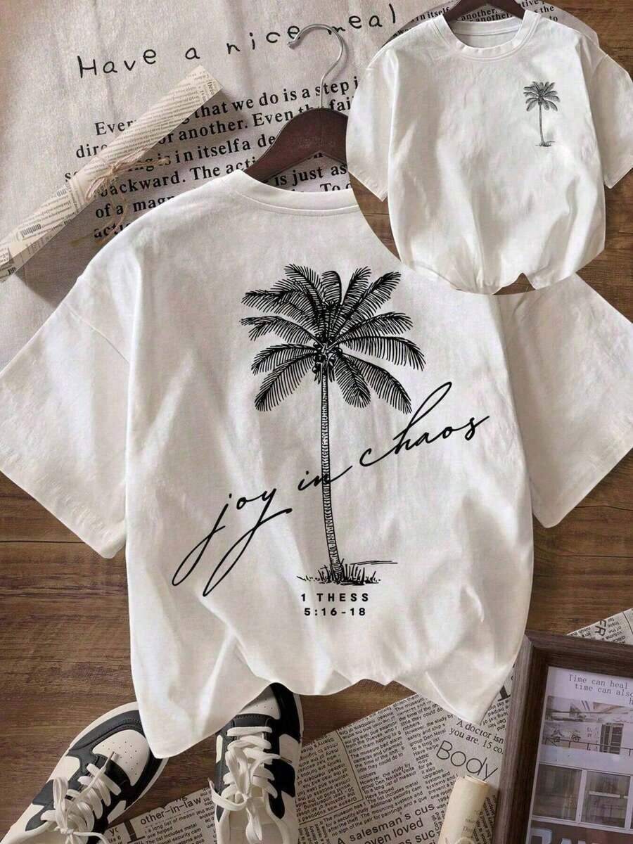 Women's Graphic Print Short Sleeve T-Shirt - "Joy In Chaos" Palm Tree Print, Casual Chic Style, Soft Cotton Blend, Summer Fashion, Perfect For Casual Wear. - 黑色 - 查看 1