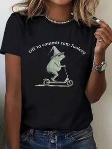 Camiseta Gráfica con Slogan de Rana Divertida para Mujer de Talla Grande, Casual de Verano - Negro - Ver 8