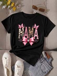 100% cotton Camisa de manga corta para damas, cuello redondo, color negro, con el patrón "MAMA" impreso, corte normal y cómoda de llevar. - Negro - Ver 1