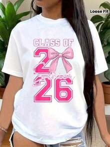 Women's Class Of 2026 Senior Mom T-Shirt, Plus Size Flirty Lace Graduation Tee, Preppy Bow Class Of 2026 Tee, 2026 Graduation Party Gift Tee, High School Senior Tee, Perfect Gift For Graduating Moms, Casual Style Celebration Wear, High Quality Fabric, Machine Washable - 白色的 - 查看 7