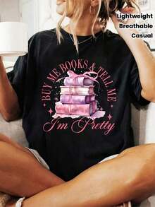 Suave Camiseta 100% para Amantes de los Libros para Mujer y Unisex - Estampado Gráfico "Cómprame Libros y Dígame Que Soy Bonita" con Pila de Libros y Estrellas - Camiseta Casual de Manga Corta, Cuello Redondo, Ligera, Transpirable y Suave - Regalo Estético para Lectores para Atuendo Casual de Primavera y Verano - Lavable a Máquina, blusa casual mujer, blusas para mujer, playeras de mujer algodón - Negro - Ver 1