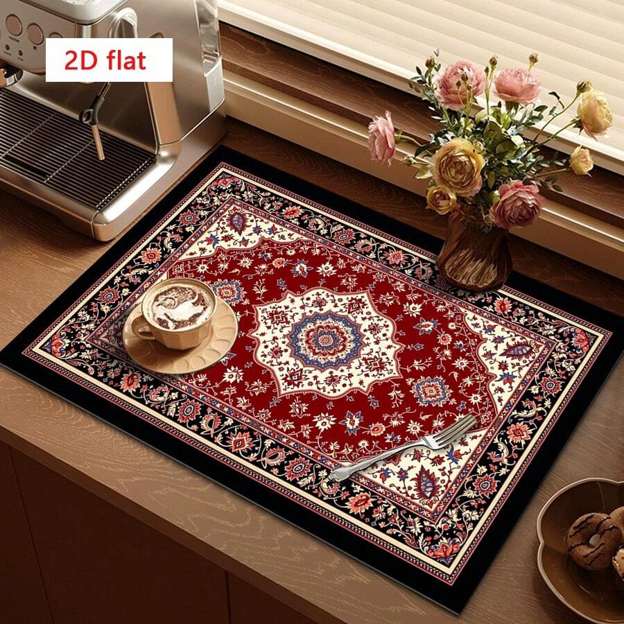 1pc Red Classic Persian Floral Pattern Dish Drying Mat, Absorbent Draining Pad Suitable For Dining Table And Cafe, Enhances Tableware Drying Effect And Desktop Aesthetics, Multipurpose Drainage Mat, Home Gift, Desktop Decor