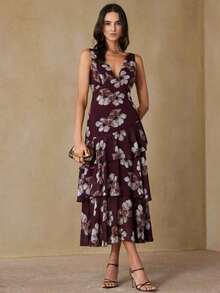 Aveloria Revavyn Vestido maxi elegante y grácil de mujer con escote en V profundo y sin mangas, de gasa ligera con estampado floral romántico, con cintura ceñida y dobladillo con volantes en capas, adecuado para citas, vacaciones, lujo y delicadeza - Multicolor - Ver 12