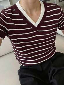 Suéter de mujer con cuello y mangas cortas a rayas para otoño - Rojo 2 - Ver 2
