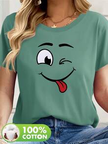 Women's Short Sleeve T-Shirt With Funny Cartoon Face Graphic Print - Breathable, Summer Casual, Round Neck, Machine Washable, Regular Fit, Ladies T-Shirts, Relaxed Fit T-Shirt, Casual Style, Quality Fabric. - 綠色 - 查看 6